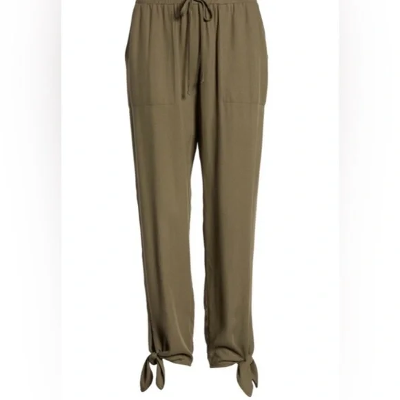 Joggers Paper Bag Waist with Elastic Pockets Side Ankle Tie Olive Green Casual - Picture 7 of 9